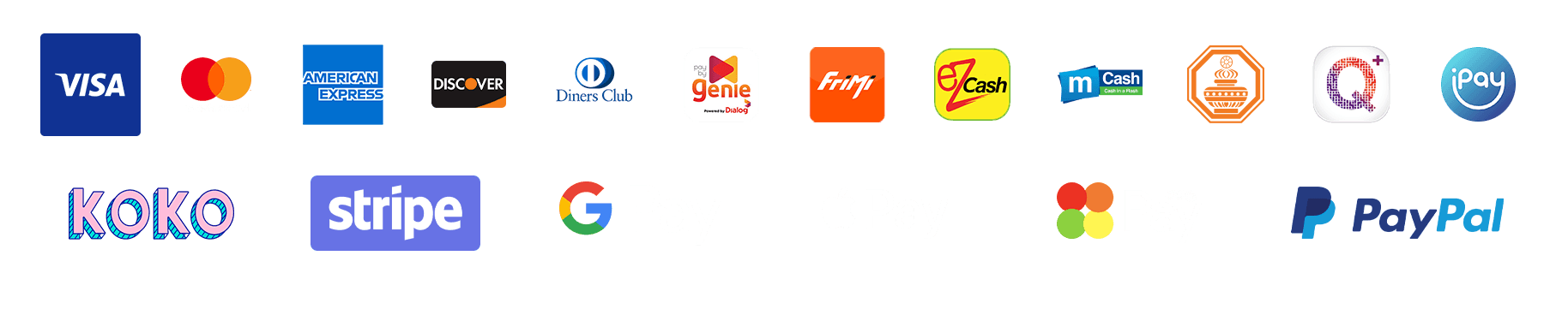 Payment Methods: Google Pay, Visa, Mastercard, American Express, Discover, Diners Club, Genie, Fripay, EzCash, mCash, Bitcoin, Q Pay, iPay