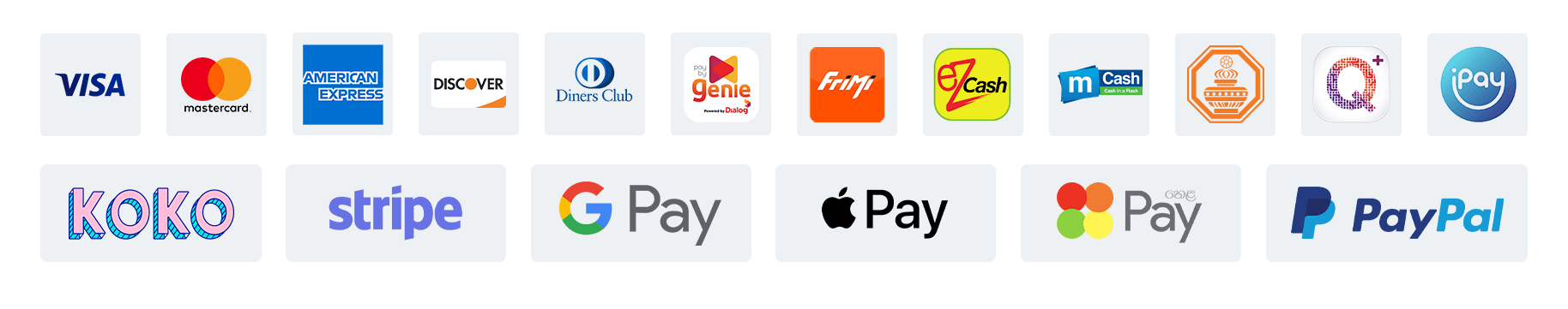 Payment Methods: Google Pay, Visa, Mastercard, American Express, Discover, Diners Club, Genie, Fripay, EzCash, mCash, Bitcoin, Q Pay, iPay